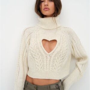 NWT For Love And Lemons Vera Cream Heart Cutout Turtleneck Sweater size small